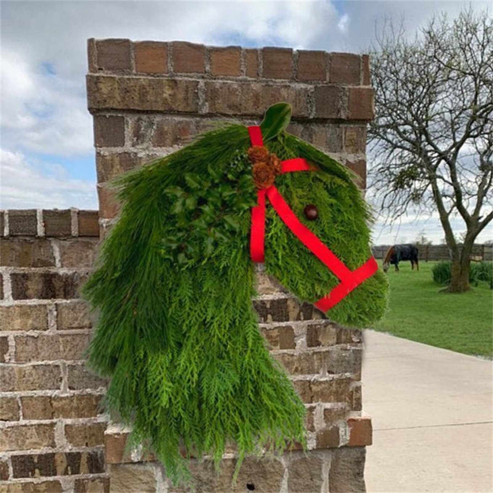 1/2PC Christmas Wreath Winter Wreath-Farmhouse Double Horse Head Christmas Wreath Christmas Decoration Christmas Wreath