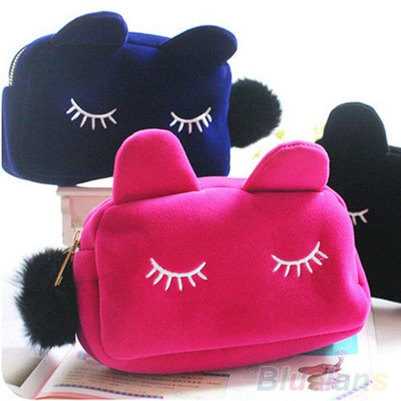 Cute Cartoon Cat School Stationery Pencil Case Pen Box Cosmetic Makeup Velour Pouch Zipper Bags Portable Toilet Case