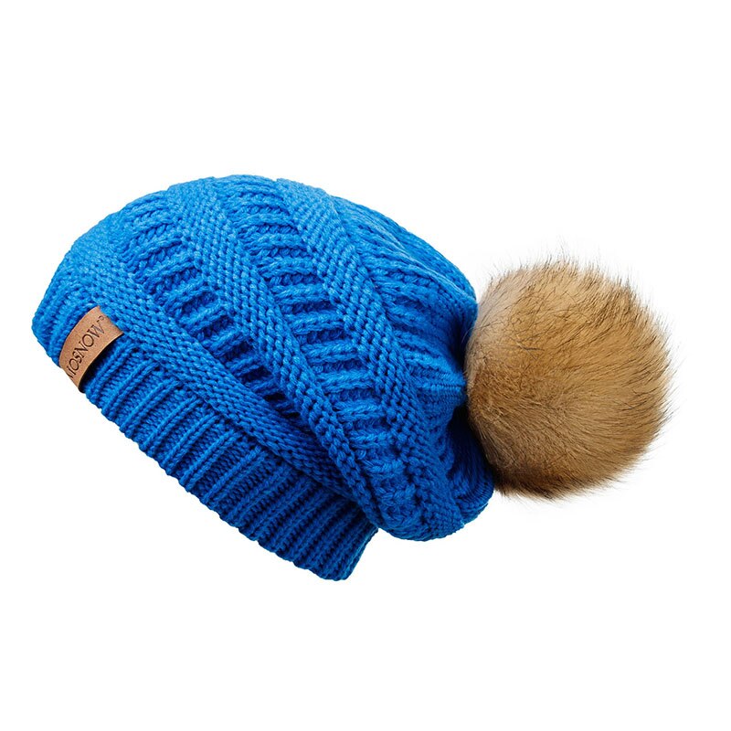 Vinterhue kvinde hue pompon pels pompon hatte skullies afslappet damekasket strikket hue pigehue hunhat: Blå