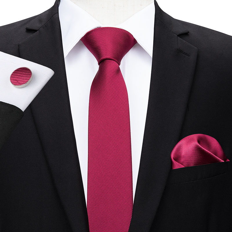 Cravate à salut-cravate 6cm Slim étroite | Cravates pour hommes, boutons de manchette Hanky rouge uni couleur Plaid, ensemble pour hommes fête mariage Slim