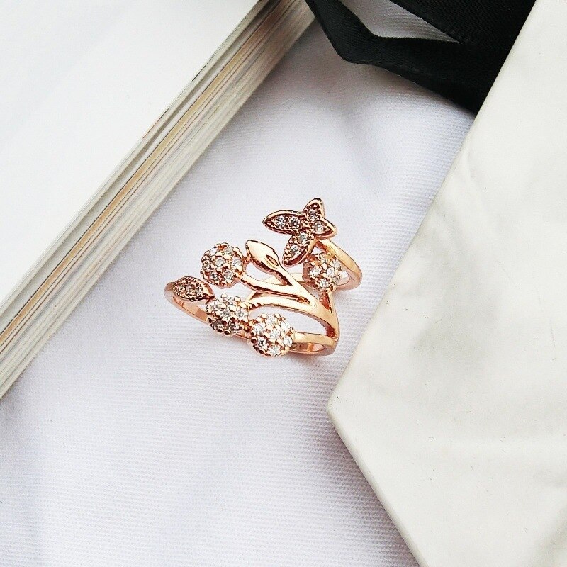 Luxury Crystal Butterfly Tree Leaf Wedding Rings for Women Engagement Jewelry White Crystal Open Adjustable Finger Ring