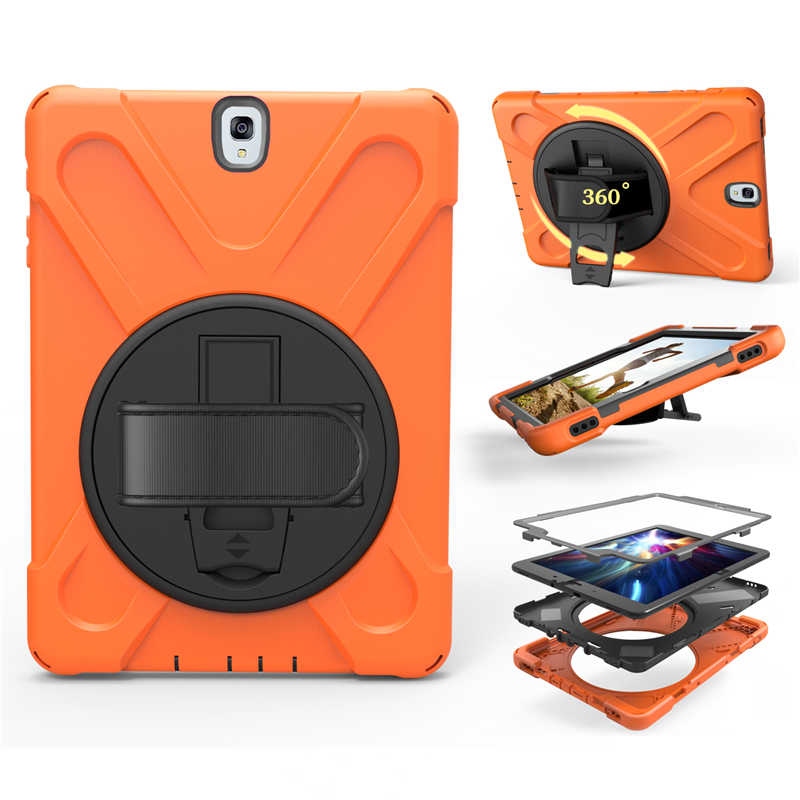 Armor coque voor samsung galaxy tab  s3 9.7 sm-t820 t825 handriem 360 draaibare standaard hoes voor samsung  t820 t825 hoesje 9.7 '': Oranje