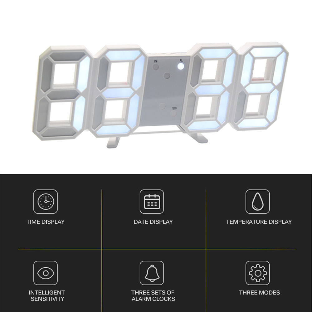 3D LED Wall Clock Modern Digital Alarm Clocks Date Temperature Display Table Desk Night Light Wall Clock for Home Kitchen Office