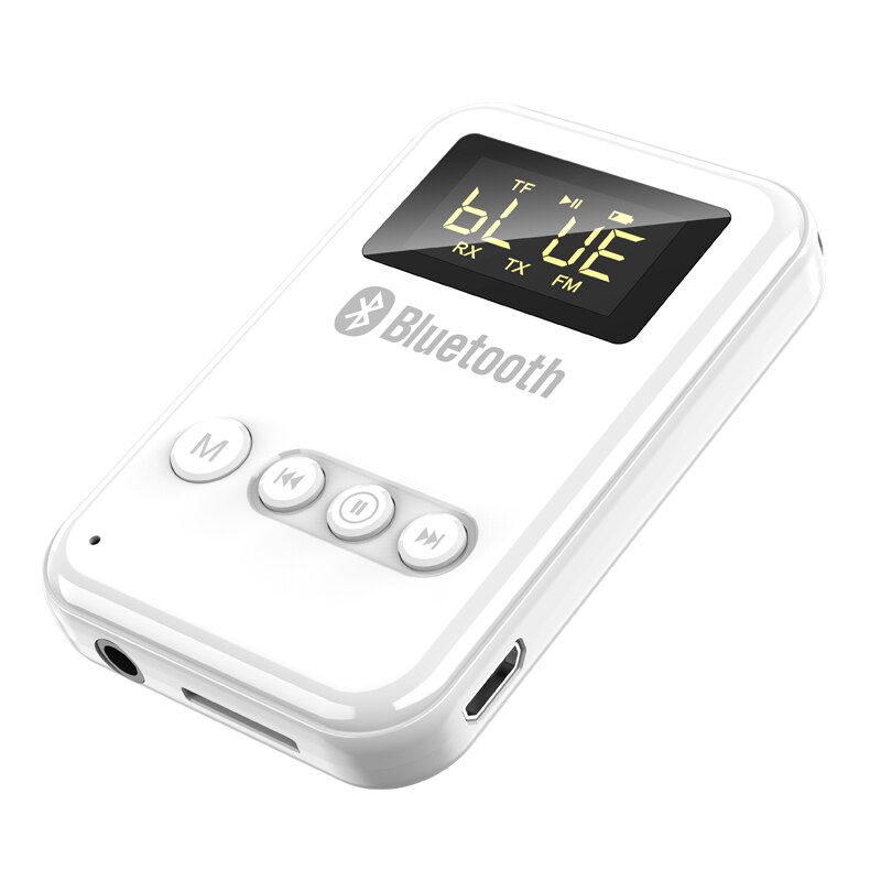 Bluetooth 5.0 modtager sender lcd trådløs adapter 3.5mm jack aux fm bilsæt håndfri opkald & mikrofon til pc tv bilhøjttaler: Hvid