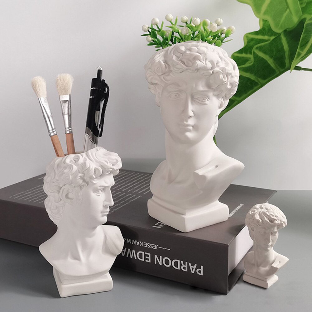 Porte-stylo en résine, support de stylo, Sculpture de David, Statue de Portrait, boîte de rangement de pinceaux de maquillage, pot de fleurs, Vase, décor de jardin artisanal