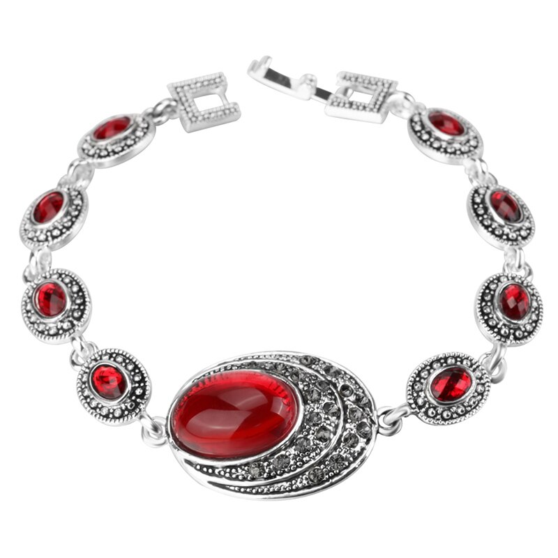 Kinel pulseiras femininas modernas, pulseiras vermelhas para mulheres charme cor prata cinza cristal grande oval pedra principal boêmio jóias: Red