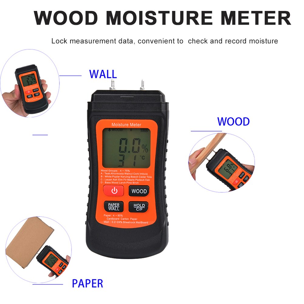 Detector Portable Wood Moisture Meter Timber Damp Moisture Meter Detector Paper Wall Wood Humidity Tester Hygrometer