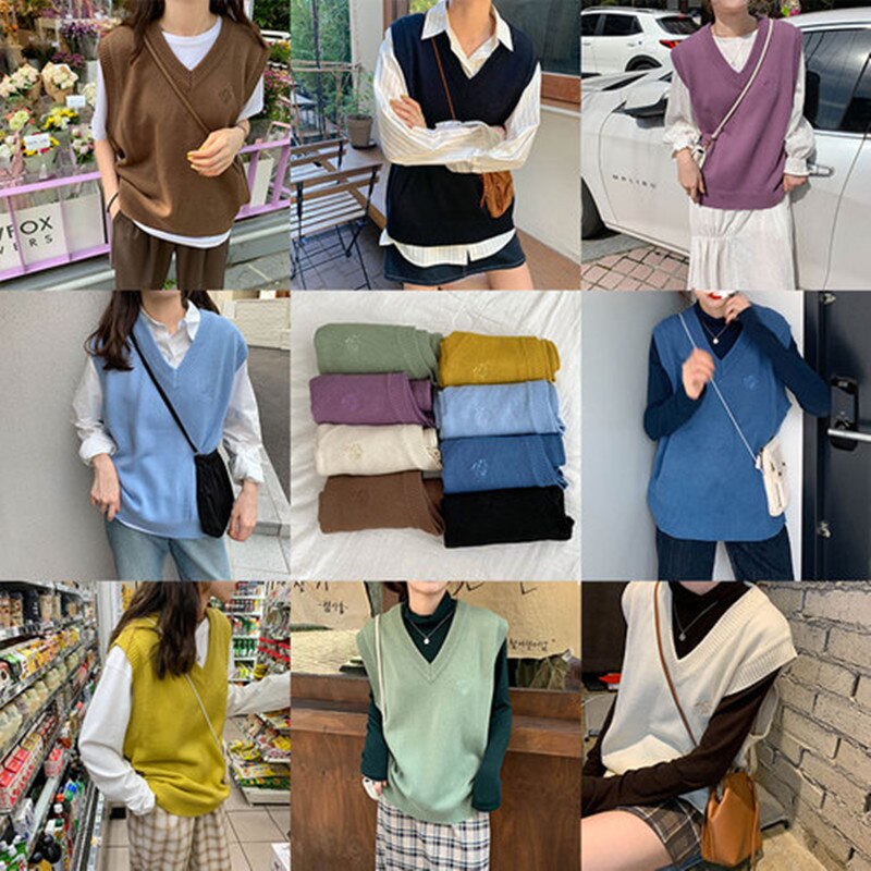 Chaleco de punto holgado sin mangas bordado de estilo colegial japonés, 8 colores , chaleco, suéteres de punto para mujer (X1135)
