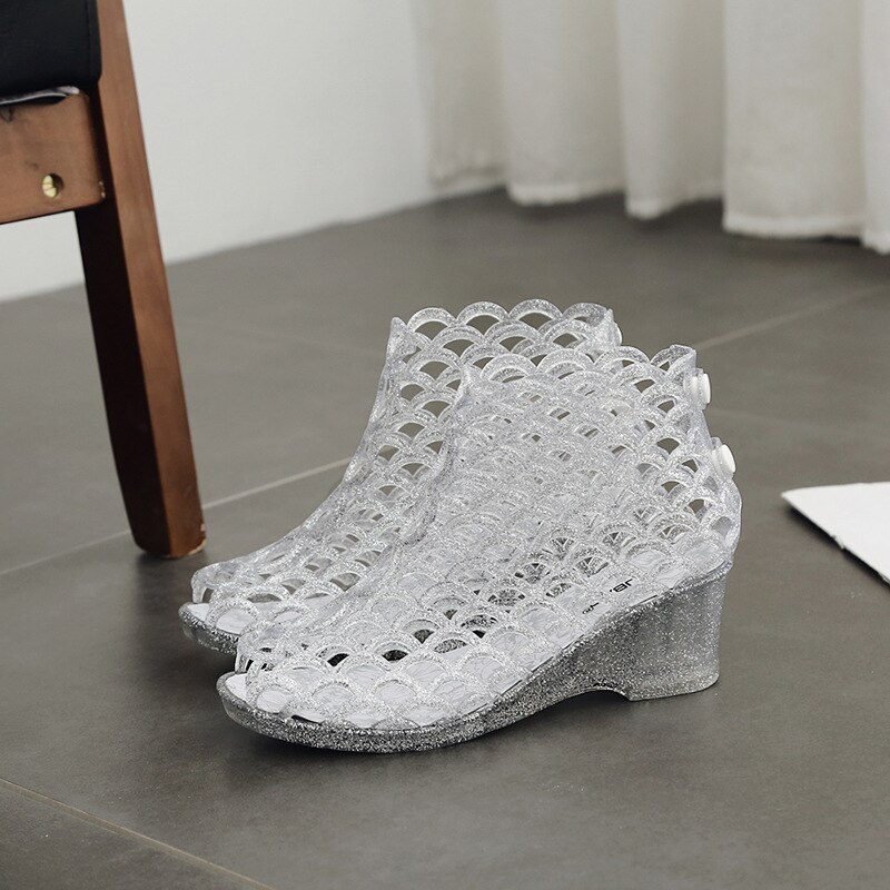 Size 36-40 Womens Sandals Summer Female Jelly Shoes 5cm Heels Peep Toe Clogs Wedges Slip-On Hole Hollow Crystal Zapatos Y17