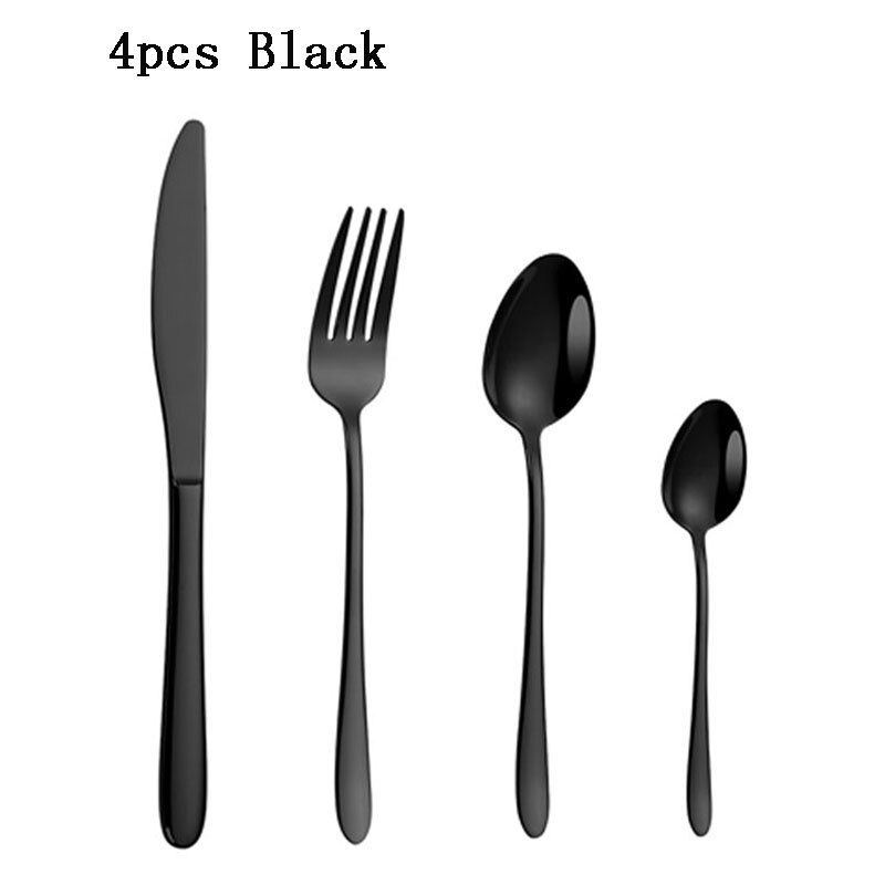 Flatware Forks Knives Spoons Stainless Steel Silverware Set Cutlery Sets Tea Spoon Dinner Wedding Dinnerware Steel Mirror Polish: 4pcs Black
