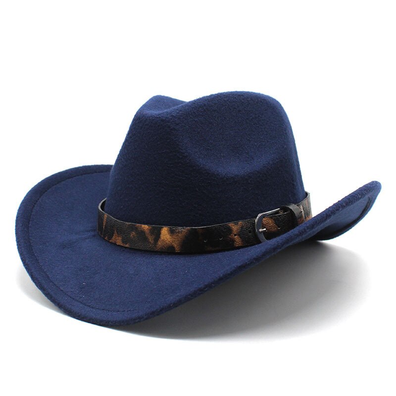 Winter Retro Fedora Hoed Voor Vrouwen Mannen Western Cowboyhoed Paardensport Cowgirl Cap Stijve Breed Brimw Ster Lederen Band: Navy