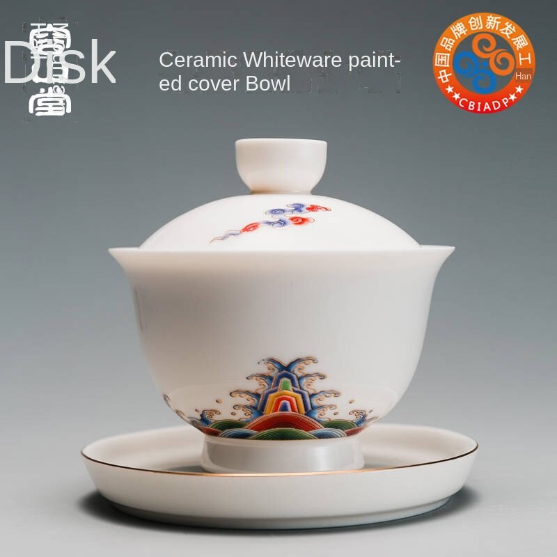 Porcelain White Porcelain Painted Tureen Large and Small Handmade Three-Piece Tea Bowl Home Tea Brewing Cup Kung Fu Tea Set