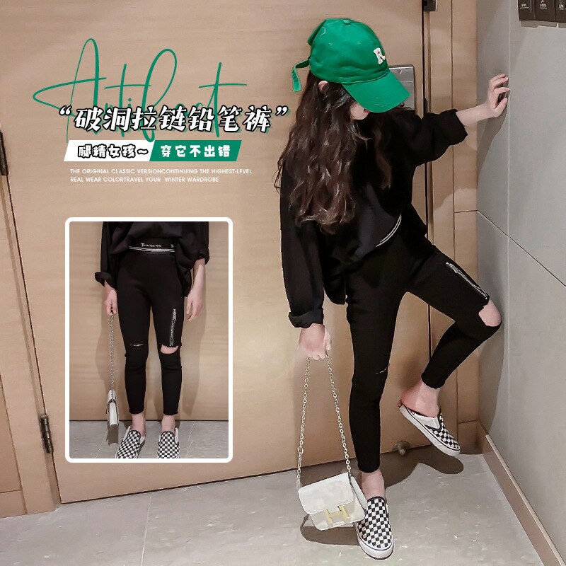 Leggings con cremallera para niña adolescente, pantalones de piel con agujeros, ropa para Niño, 6, 8, 10, 12 y 14 años, novedad de Primavera de 2022