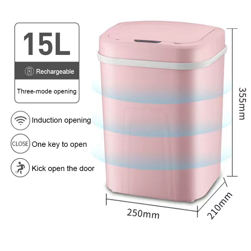 15l smarte sensorer skraldespand husstandsstue badeværelse skraldespand med låg smart skraldespand: Genopladelig lyserød