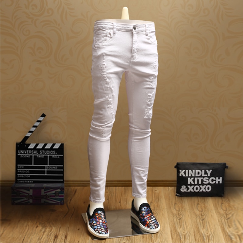 Afslappet herre skinny rippet hvide jeans streetwear jean bukser til cowboys mænd psmj 74