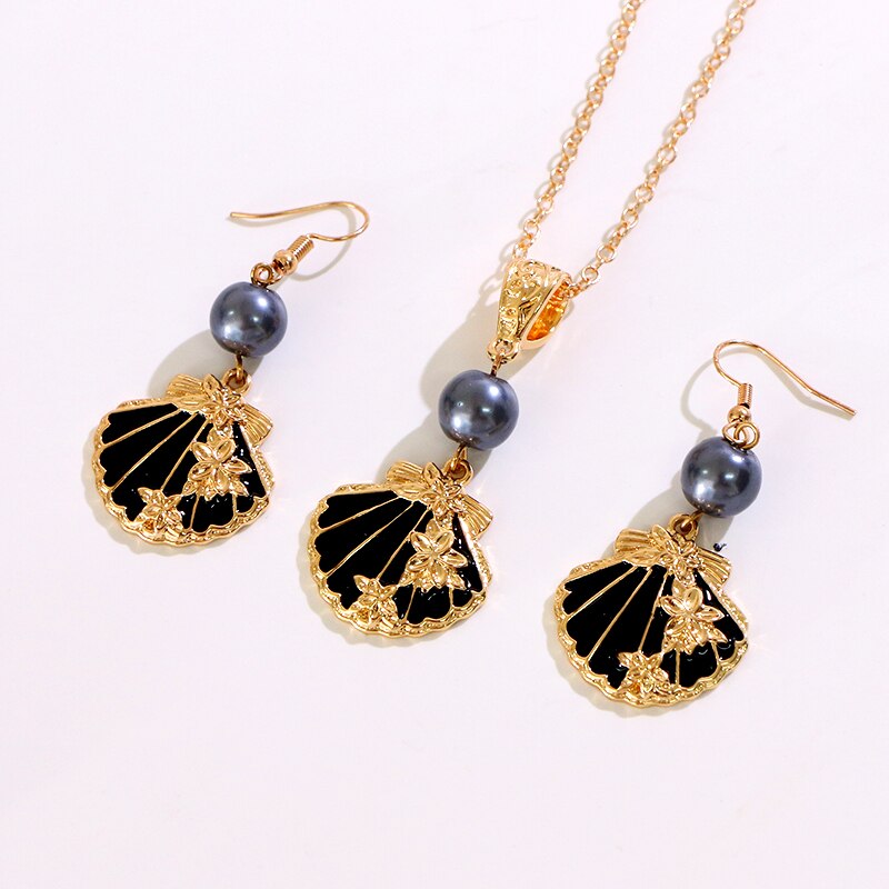 Say Hello Polynesian Hawaiian Samoa Marshall Style Grey Pearl Shell Shaped Charm Necklace Pendant Earrings Set K6517