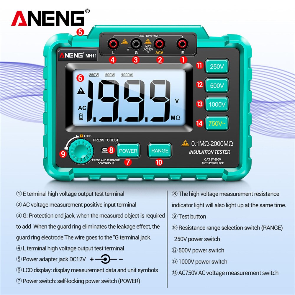 Aneng MH11 Isolatie Aarde Weerstand Tester Digitale Ground Resistance Meter Ohm Voltage Tester Megohmmeter Megger Meter