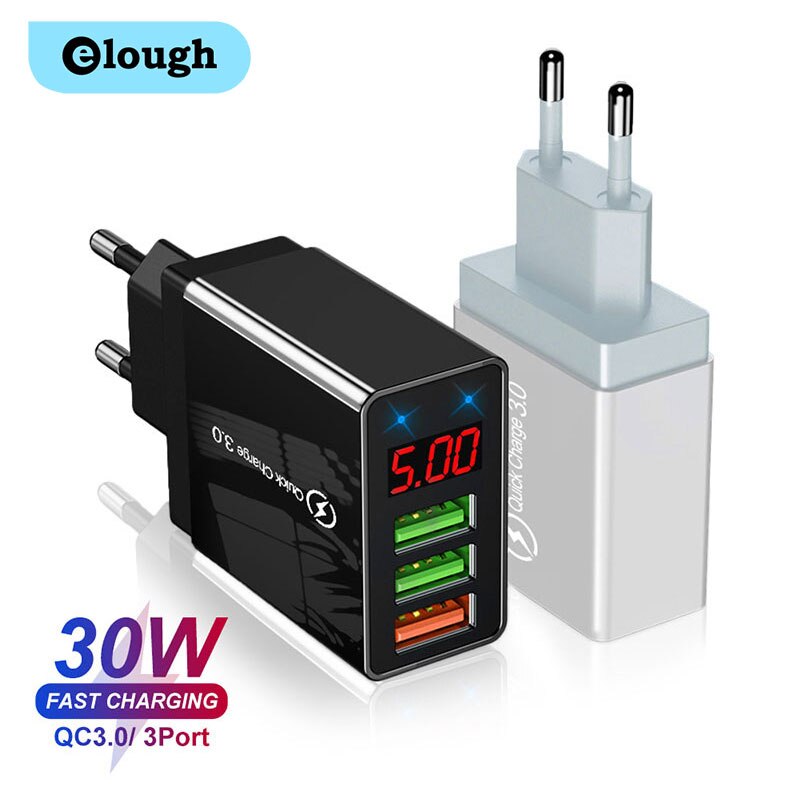 Elough 3 porty USB szybka ładowarka 30W 5V/3A LED cyfrowy wyświetlacz telefon komórkowy szybka ładowarka ładowarki do telefonów komórkowych uniwersalna ładowarka do iPhone Xiaomi Poco x3 ładowarka ścienna