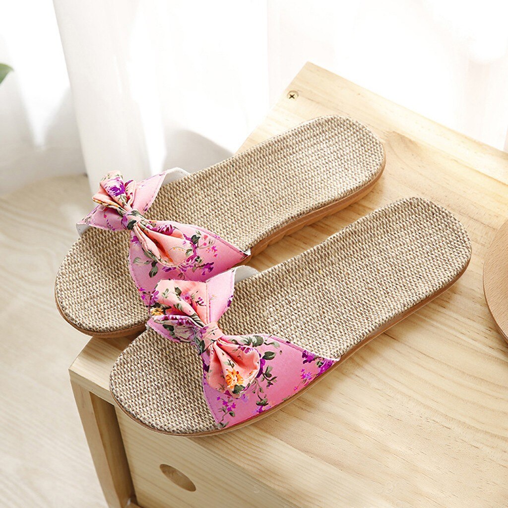 38 # Vrouwen Vlas Slippers Zomer Casual Slides Strand Schoenen Dames Indoor Linnen Slippers Bohemen Bloemen Boog Slippers Sandalen: C / 37