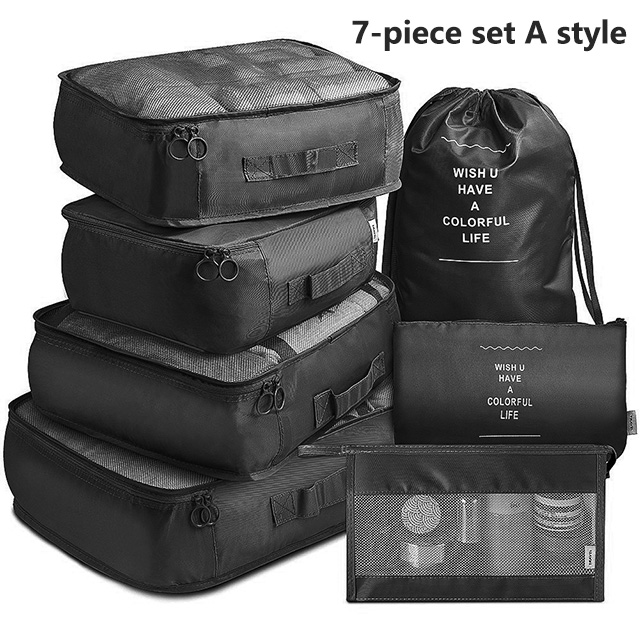 7Pcs Travel Organizer Storage Bags Wardrobe Cube Suitcase Packing Cubes Set Storages Luggage Clothes Shoe Pouch Folding: green