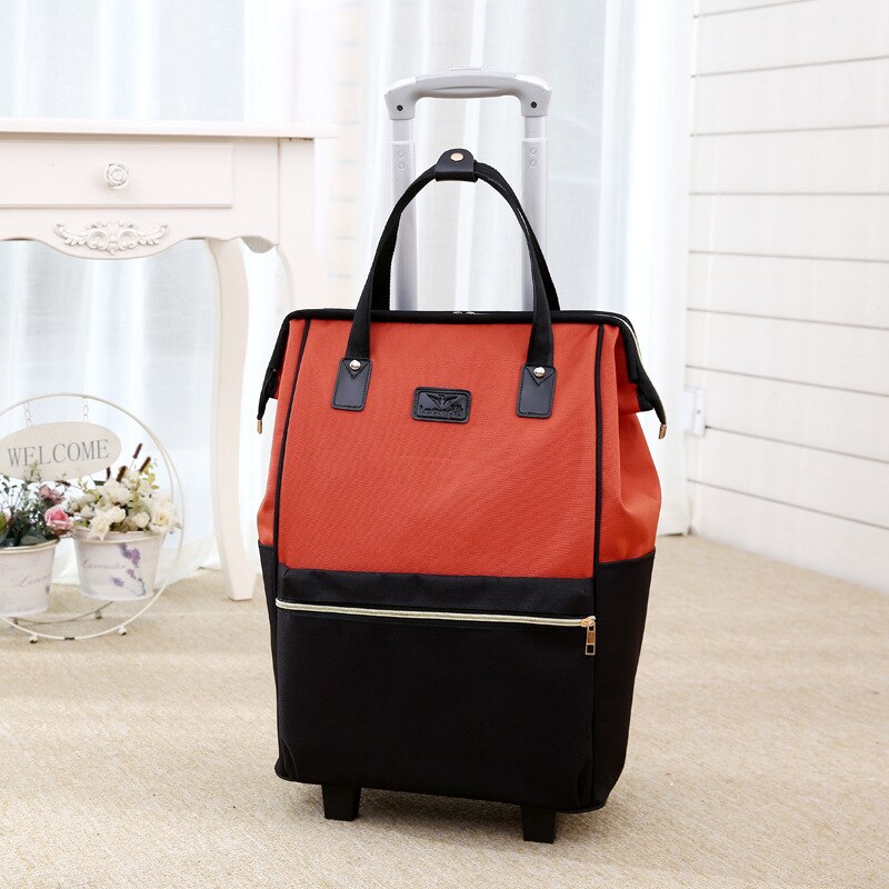 Women Large Capacity Travel Shoulder Tote Bag Spinner Multifunction Rolling Luggage Soft Oxford Lightweight Trolley Bag XA588F: Orange