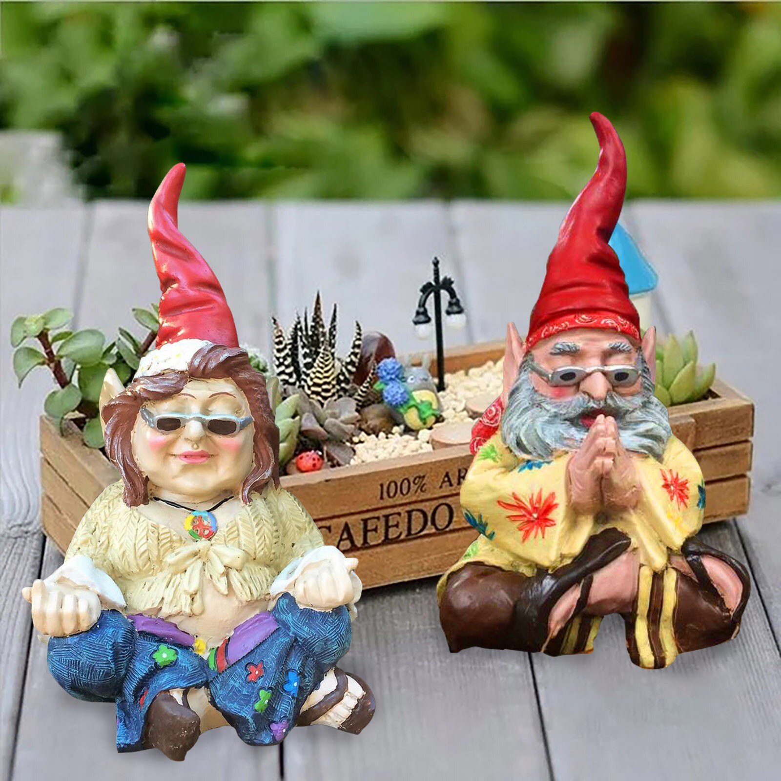 4 # Tuin Gnome Paar Standbeeld-Handgeschilderde Gnome Paar Standbeeld Van Yoga Meditatie Gnome Hars Standbeelden Binnenplaats boom Decoratie