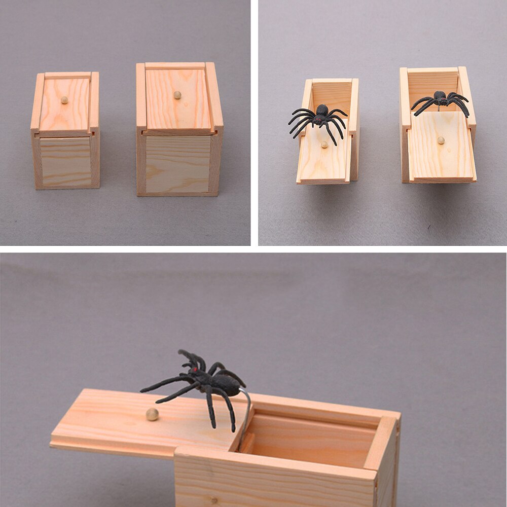 Funny Scare Box Wooden Prank Spider Hidden In Case Great Prank-Wooden Scarebox Interesting Play Trick Joke Toys