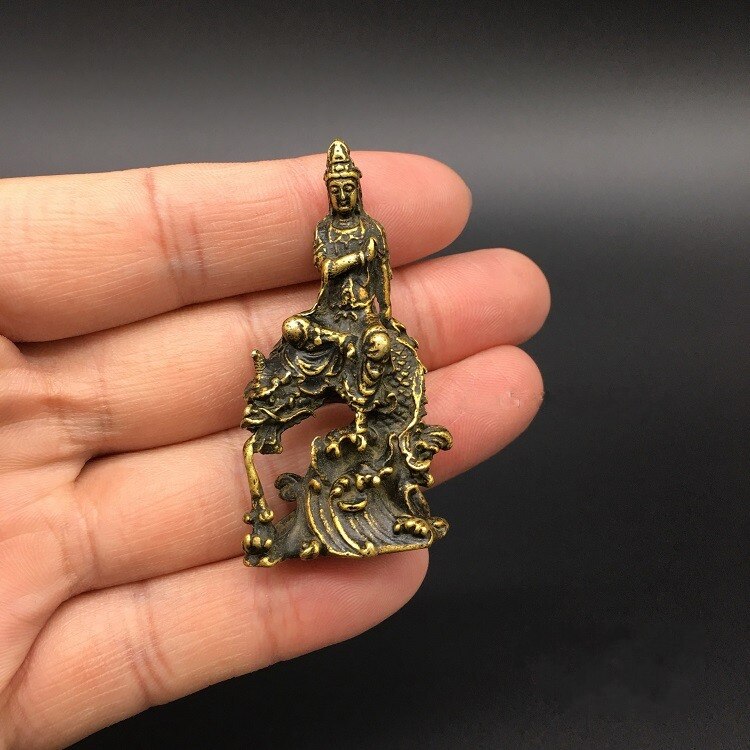Collection Chinese Brass Carved Guan Yin Kwan-yin Bodhisattva Riding Dragon Buddha Statue Exquisite Small Statues