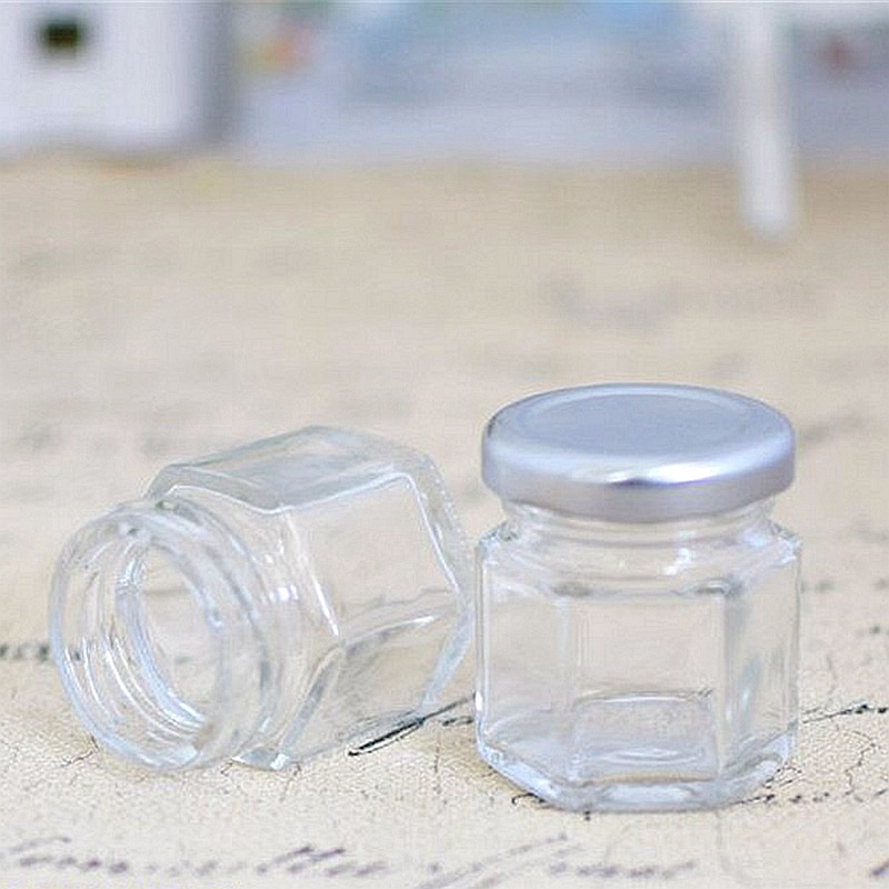 Mini tarro de miel de cristal Hexagonal X22, 45ml de capacidad, frascos de vidrio para Miel de 1,5 oz con cubiertas de Metal, tarros de miel para de de boda