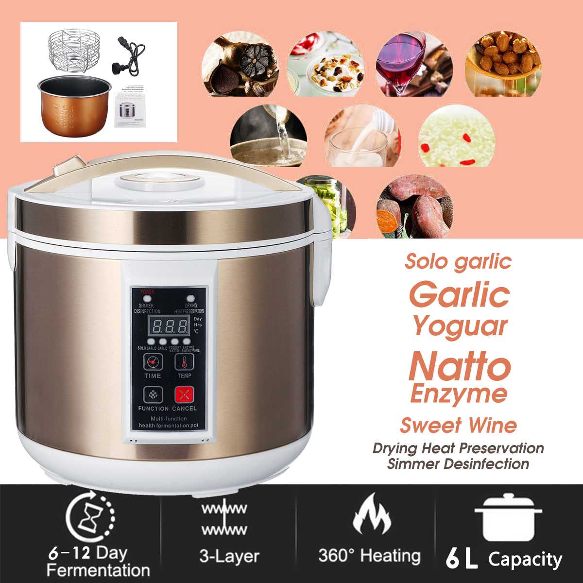 6L 220V Automatic Black Garlic Fermenter Yogurt Maker Intelligent Control DIY Cooker Garlic Ferment Smart Fermentation Machine