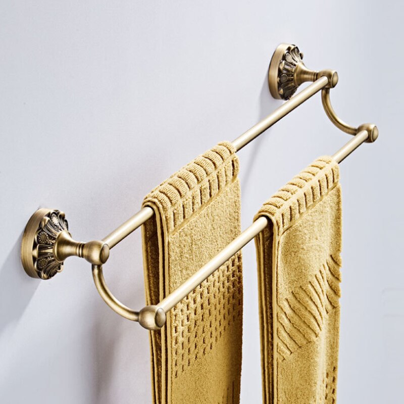 Antieke Badkamer Accessoires Set Brons Vintage Messing Föhn Houder Wc Papier Handdoekenrek Ring Zeep Mand Gewaad Haak Handvaten: Double Towel bar