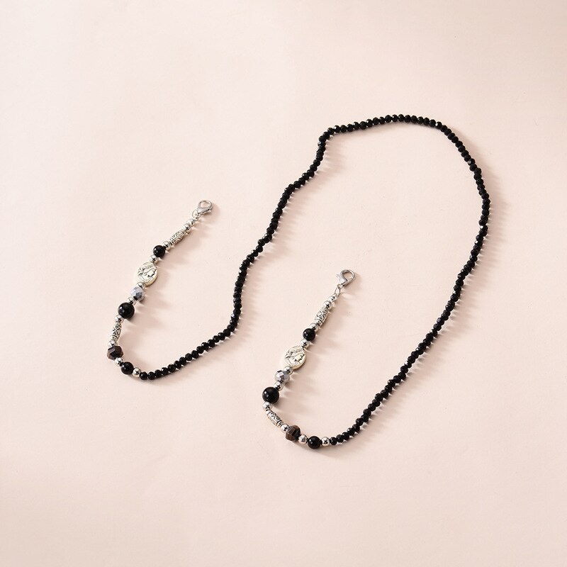 Dowaka Black Crystal Beaded Mask Chain Holder Anti-Lost Hanging Rope Long Necklace Chains Neck Strap String Layers Bracelet