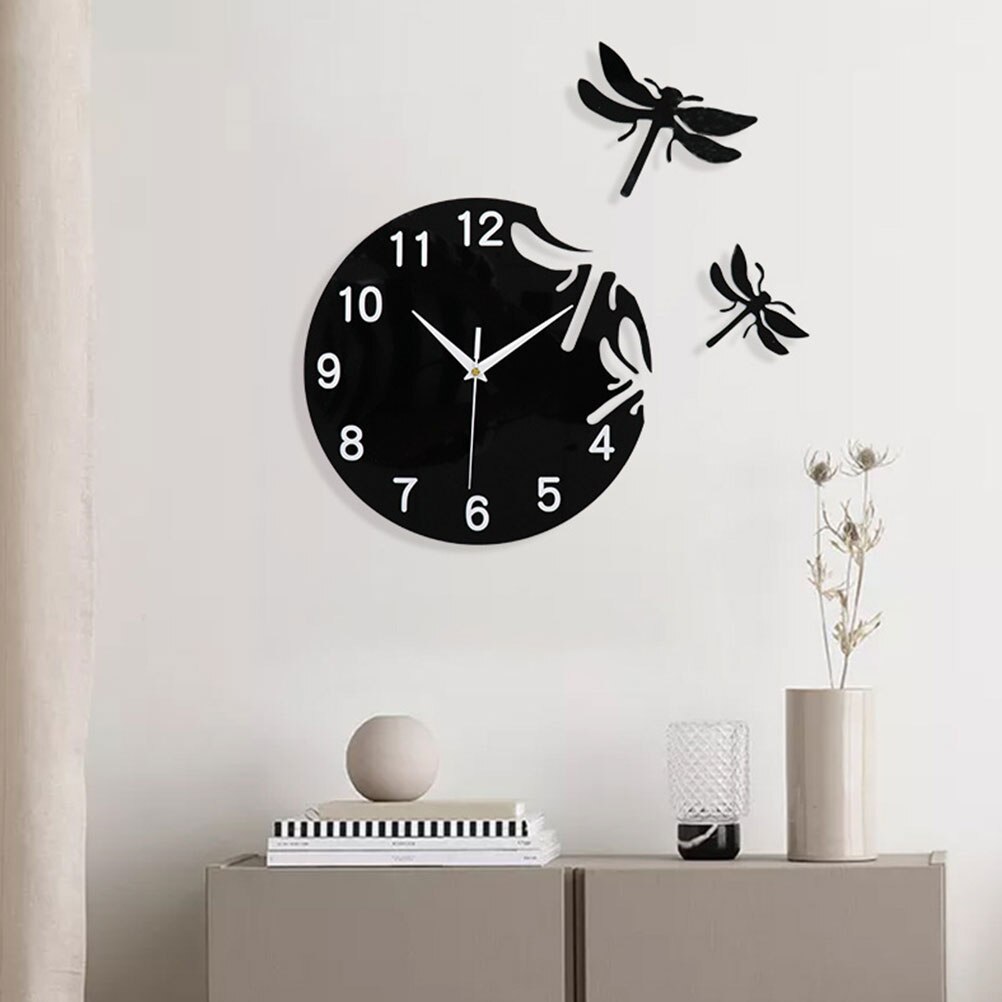 1 Set Acrylic Dragonfly Clock 3D Clock Ornament Art Wall Hanging Clock Living Room Decor