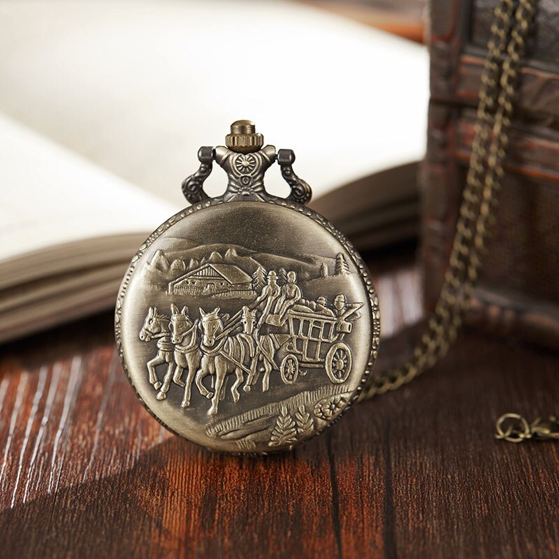 Antiguo reloj de bolsillo con cadena Fob para hombres, collar de tren, caballo grabado, reloj de bronce con tapa, reloj de Hora para hombres y mujeres,: carriage