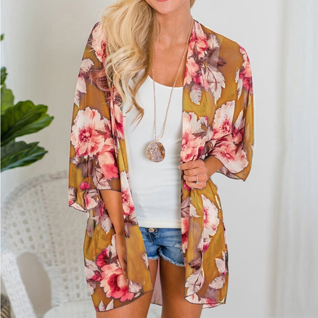 Dam chiffong lös sjal ledig sommar strand blommig kofta kappa chiffong kimono blus solskydd täck ups våren