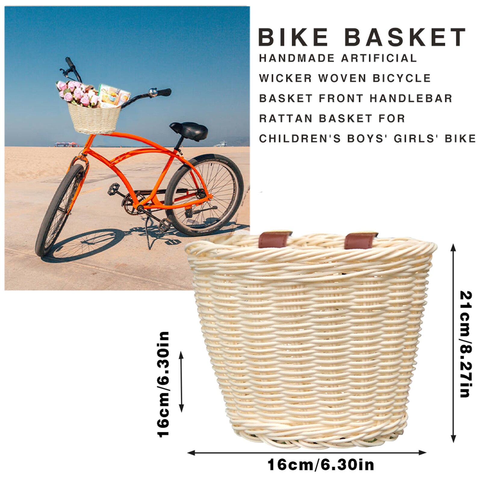 Kids Front Handle Bicycle Basket Artificial Woven Bicycle Basket Wicker Blue Suitable For Boys And Girls Bicycles Wicker Baskets