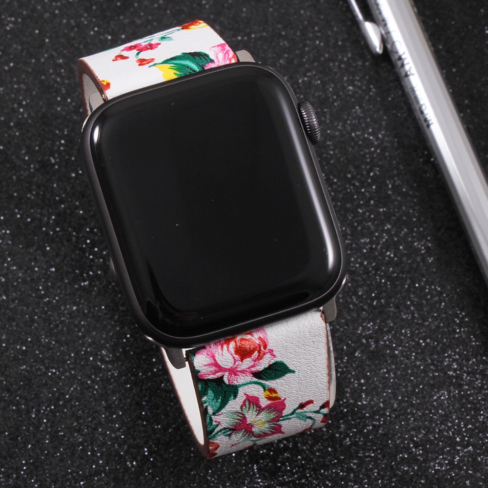 Bånd til apple watch 5 4 3 2 1 38mm/40mm/42mm/44mm, blomstret paragraf læderrem til iwatch-serien tilbehør