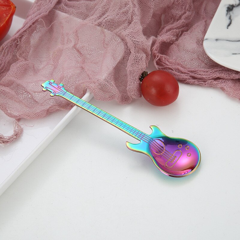 Acier inoxydable guitare cuillères arc-en-ciel café thé cuillère couverts outils à boire musique thème thé remuant cuillère glace Scoop