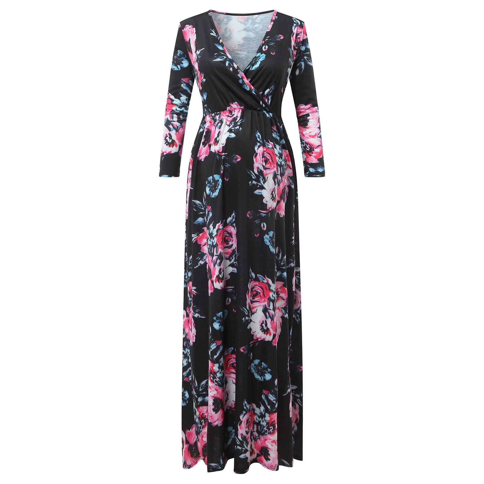 Vestido de maternidad para mujer, vestido largo informal de manga 3/4 con cuello en V, estampado de flores para embarazo
