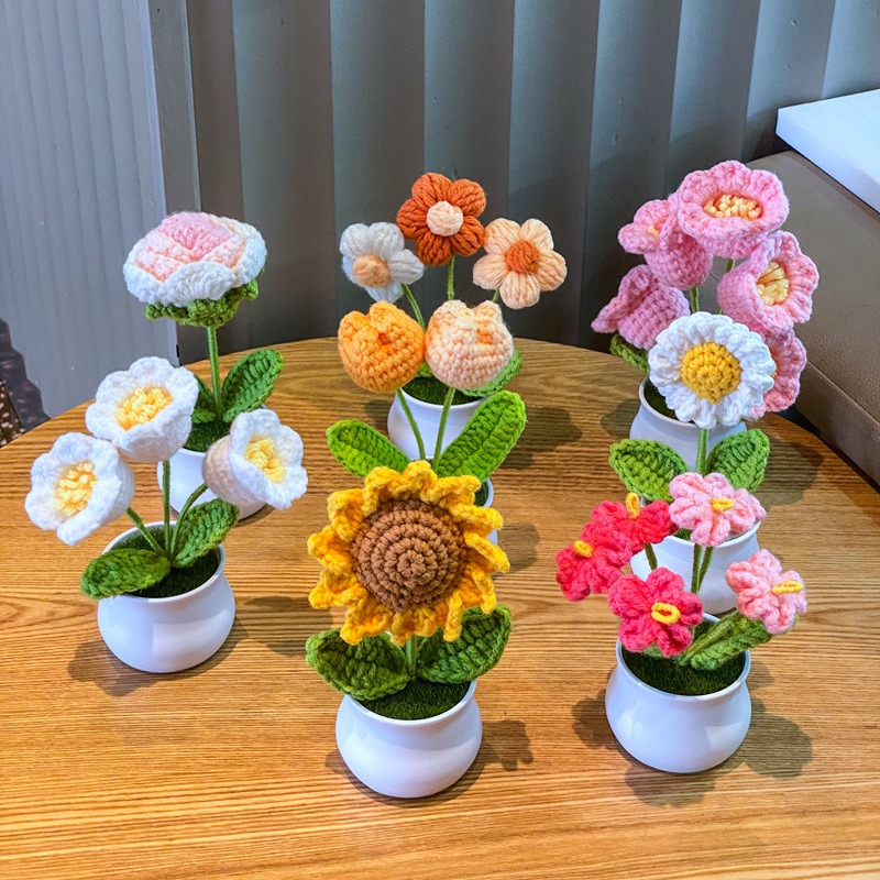 Diy håndlagde heklede blomster i potte ferdig vevd bukett kunstig strikket blomst valentinsdag hjemmedekor skrivebord