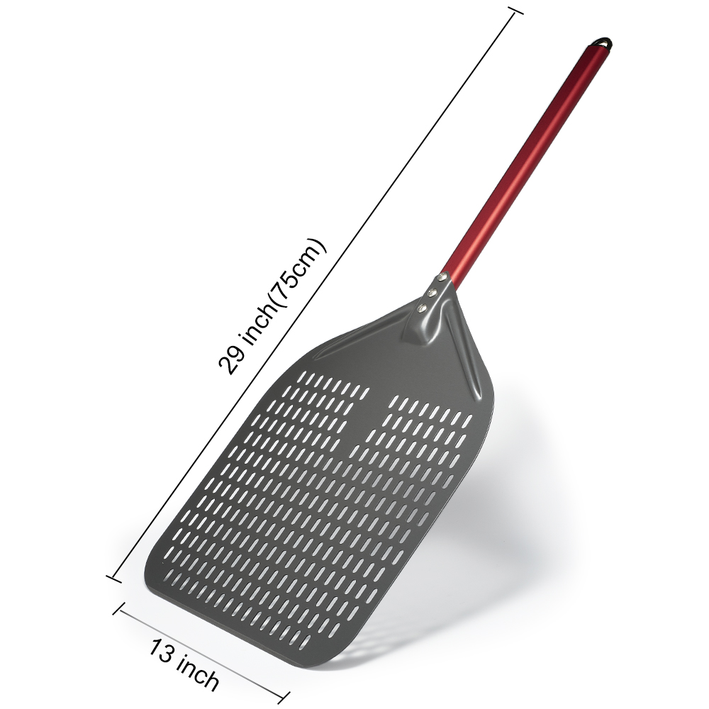 SHANGPEIXUAN 12" Hard Anodized Pizza Peel with Pizza Turning Shovel Set Perforated Rectangle Aluminum Pizza Peel Silicone Handle: Burgundy