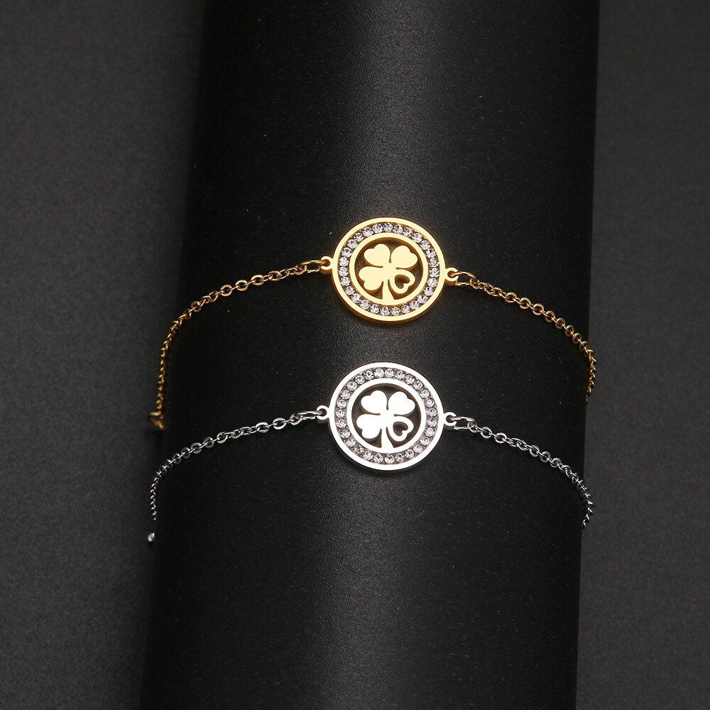 CACANA – Bracelet rond en acier inoxydable pour femmes, couleur or, bijoux en cristal, trèfle de cœur d'amour, de fiançailles, 316L