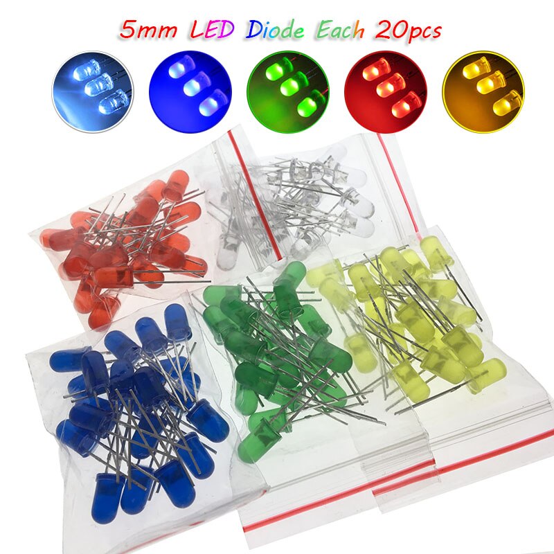 5 farver *20 stk = 100 stk 5mm led diode lys diverse sæt grøn blå hvid gul rød komponent diy kit original: 5 farver hver 20 stk