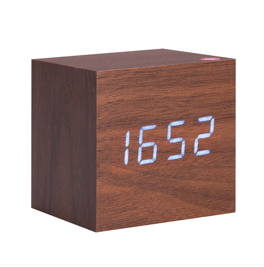 Houten Creatieve Kubus Digitale Led Desk Alarm Thermometer Timer Kalender Usb Aaa Klok: Bruin