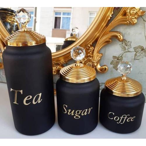 Decoratieve Glas Opslag Pot Edelsteen Dore Thee Koffie En Suiker Opslag Potten Geel Zwart Patroon