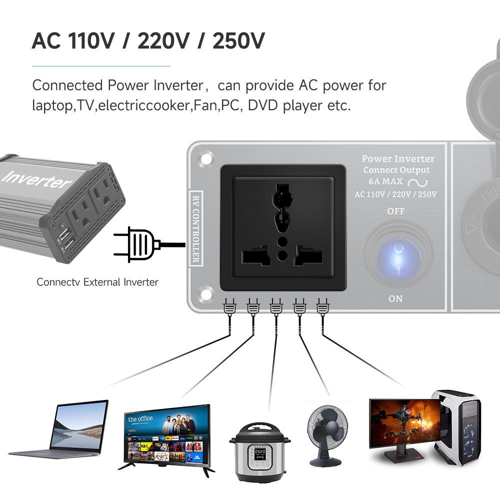 Autoladegerät Multifunktions-Aluminium-Panel-Thermometer AC110V 220V Dual Port USB QC3.0 12V 24V für Wohnmobil-Yacht-Reiseanhänger