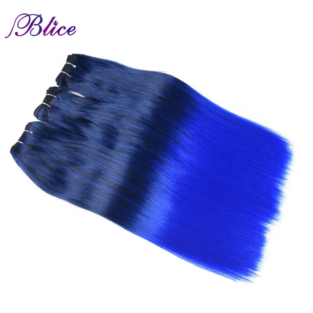 Extension synthétique Yaki mixte # 1B/bleu 18 pouces-Blice | Extensions à coudre lisses, Double trame longue, 100g/pièce, lot de 3 pièces