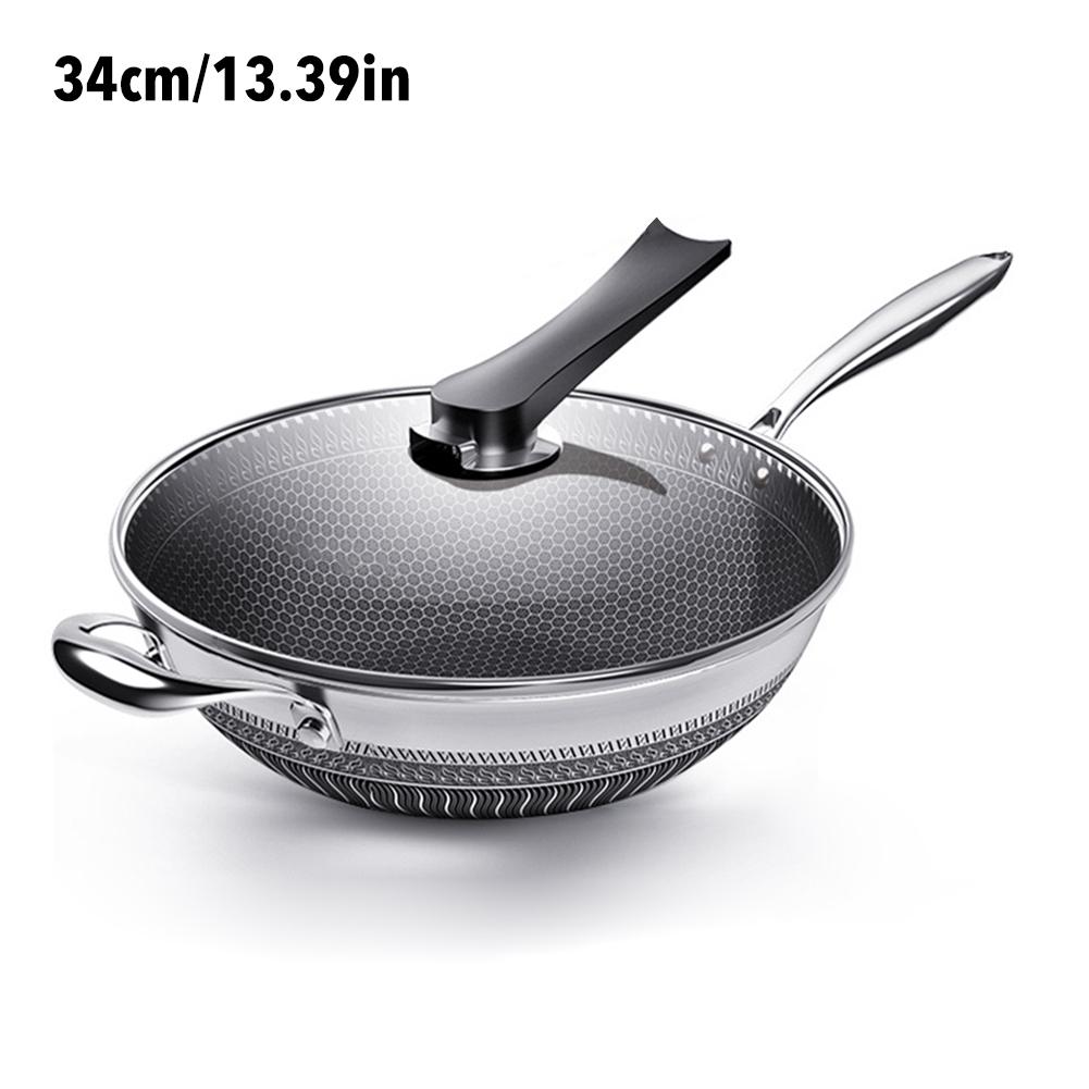 Nonstick Frying Pan Stainless Steel Wok Double-Sided Screen Honeycomb Frying Pan With Glass Lid Saute Pan Kitchen Cookware: 34CM