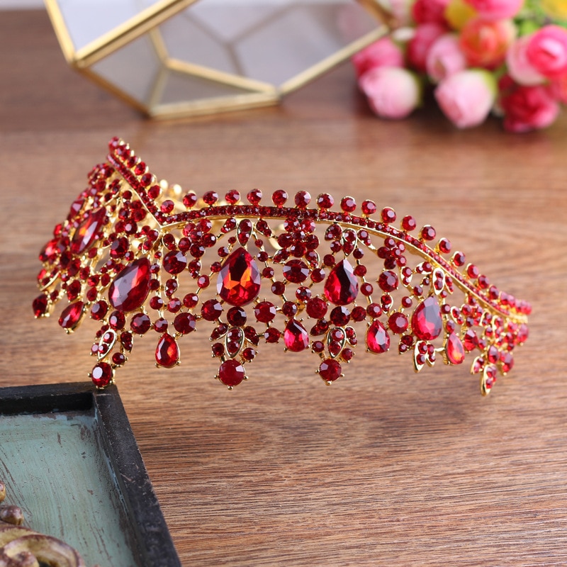 Luxe gouden rode strass bruids tiara's kroon vintage barok kristal diadeem voor bruiden hoofdbanden bruiloft haaraccessoires
