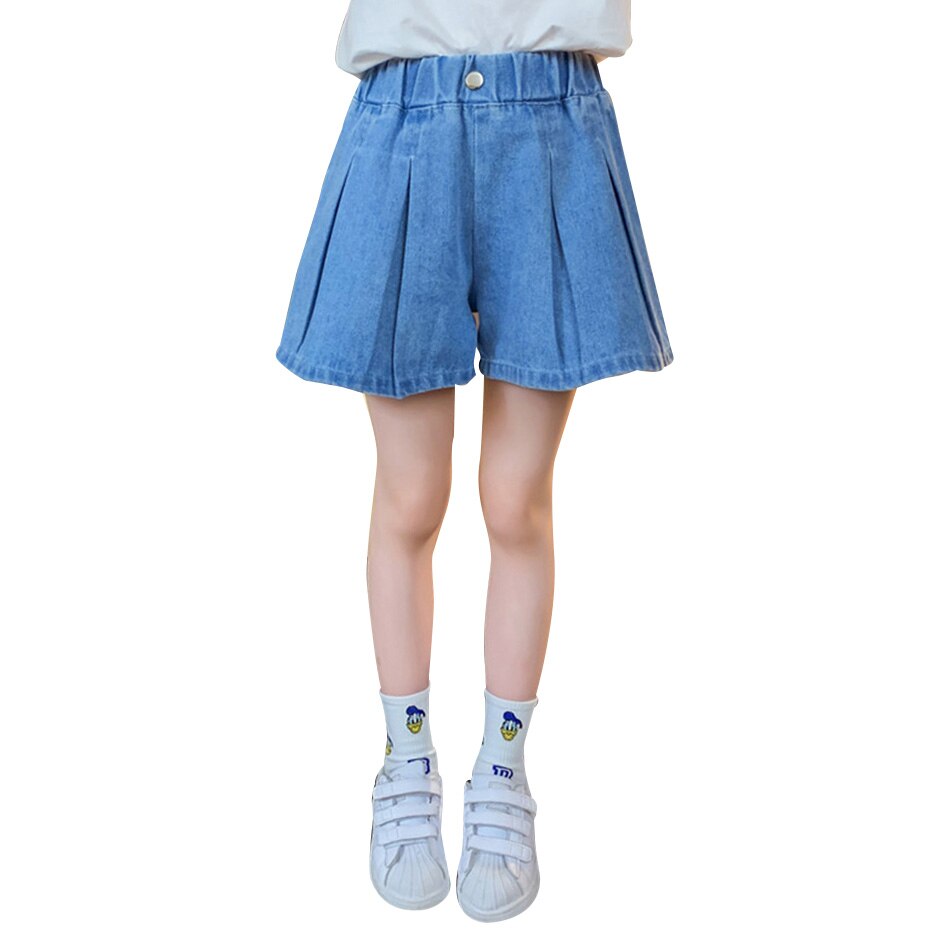 Girls Short Jeans Ruched Girl Summer Jeans Child Solid Color Kids Jeans Elastic Waist Children's Clothing 6 8 10 12 14